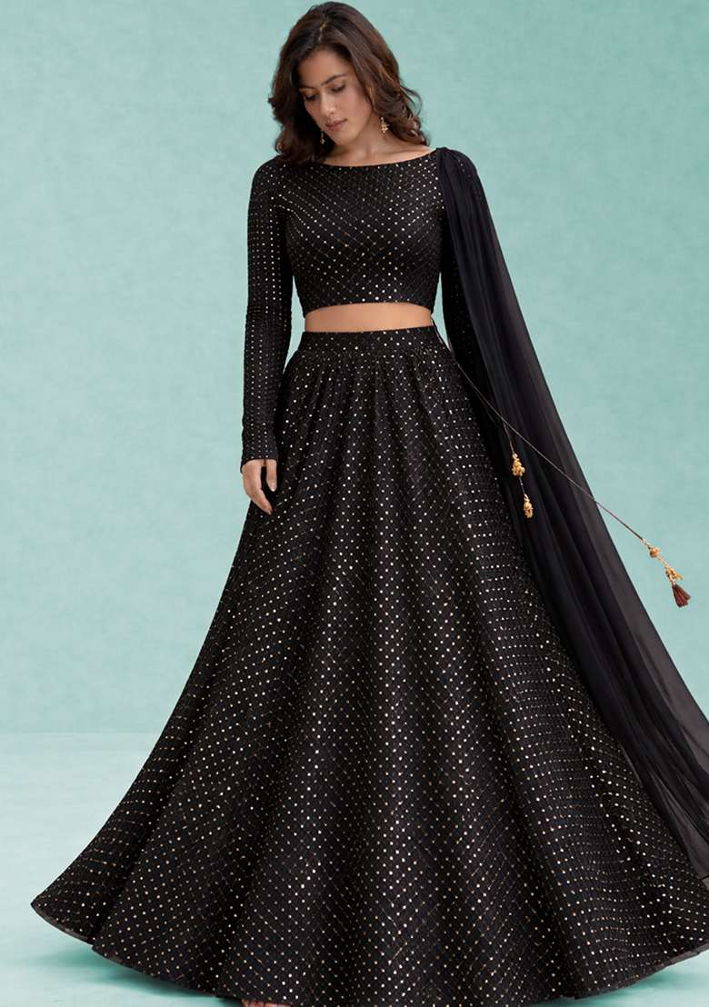Black Embroidered Velvet Lehenga Set - Indya