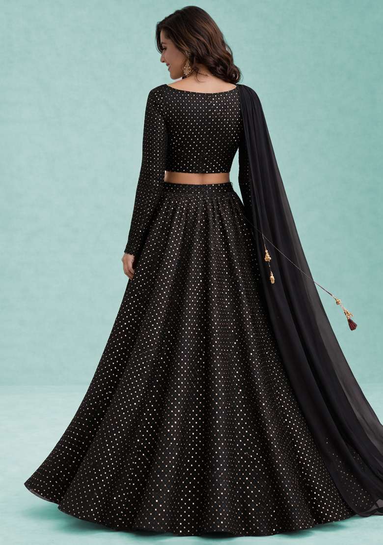 Black Embroidered Velvet Lehenga Set - Indya
