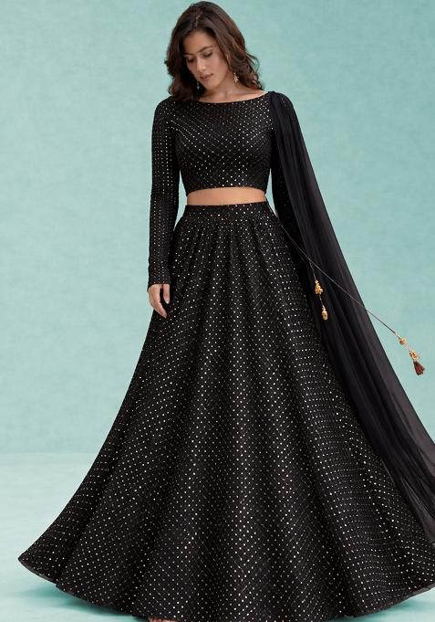 Black Embroidered Velvet Lehenga Set
