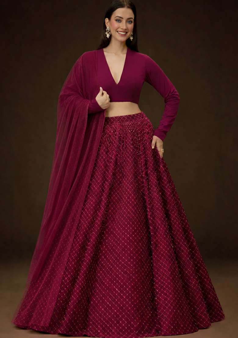 Berry Wine Embroidered Velvet Lehenga Set - Indya