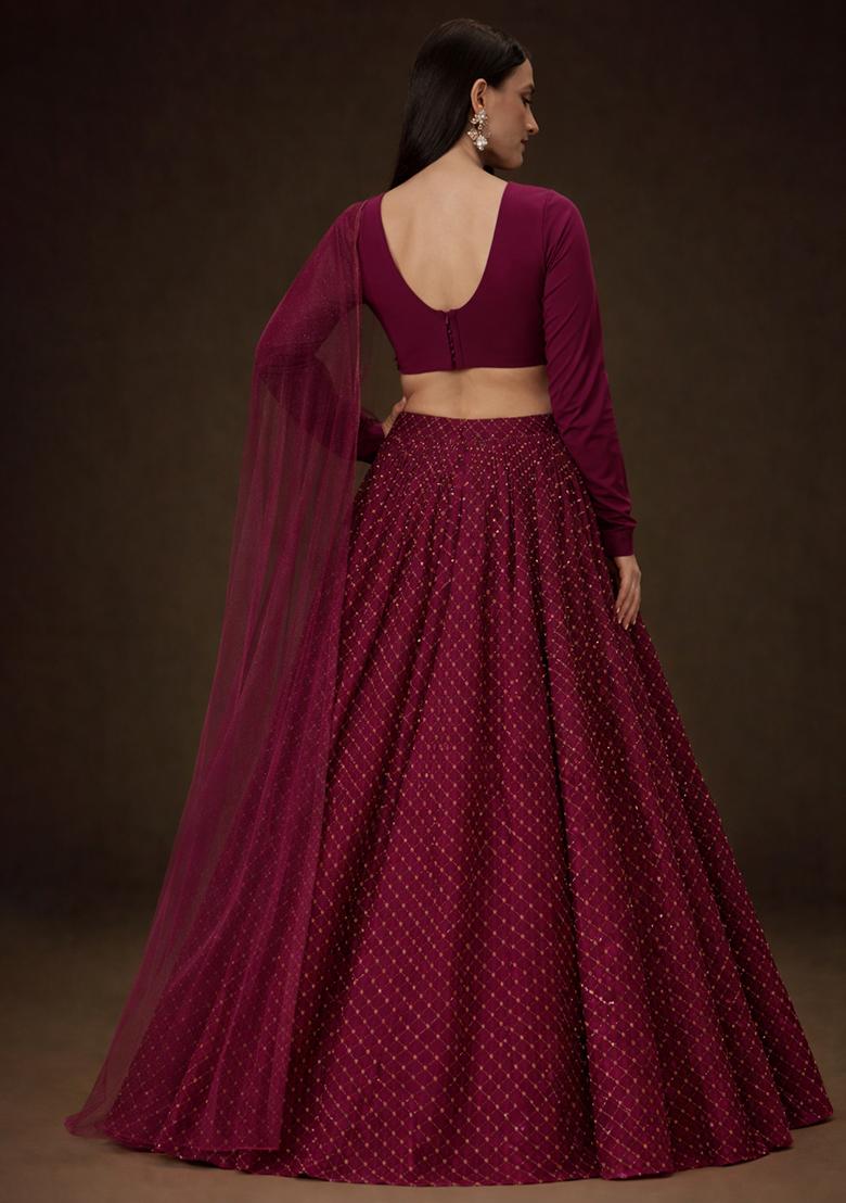 Berry Wine Embroidered Velvet Lehenga Set - Indya