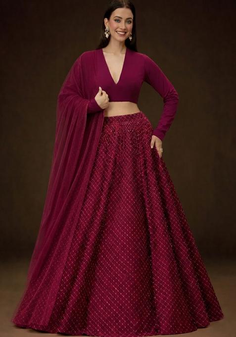 Berry Wine Embroidered Velvet Lehenga Set