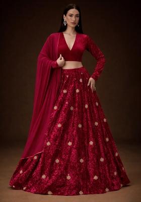 Red Embroidered Velvet Lehenga Set