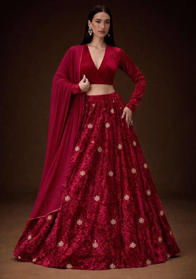 Red Embroidered Velvet Lehenga Set - Indya