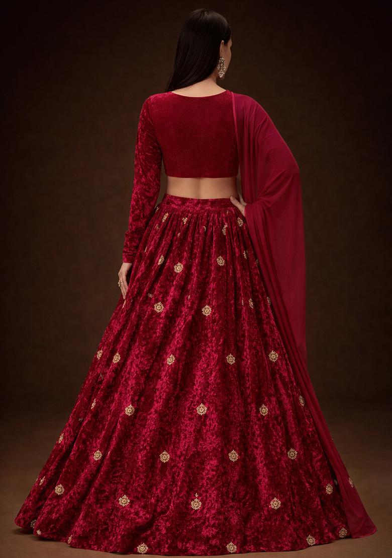 Red Embroidered Velvet Lehenga Set - Indya