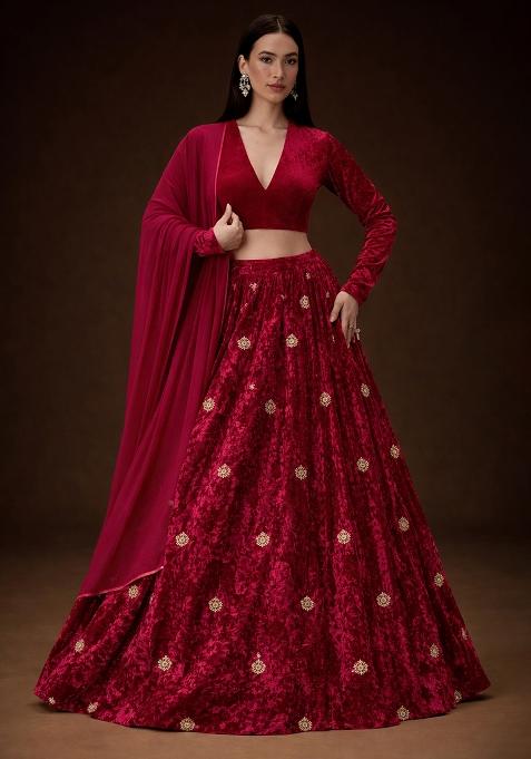 Red Embroidered Velvet Lehenga Set