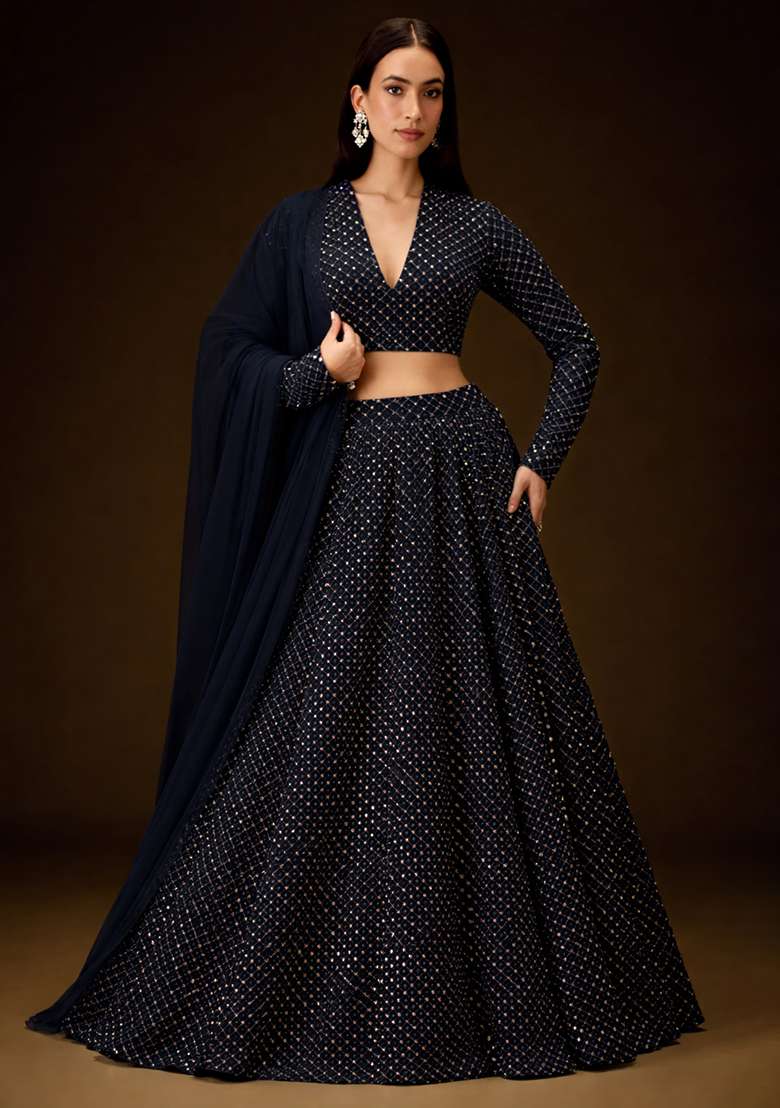 Navy Blue Embroidered Velvet Lehenga Set - Indya