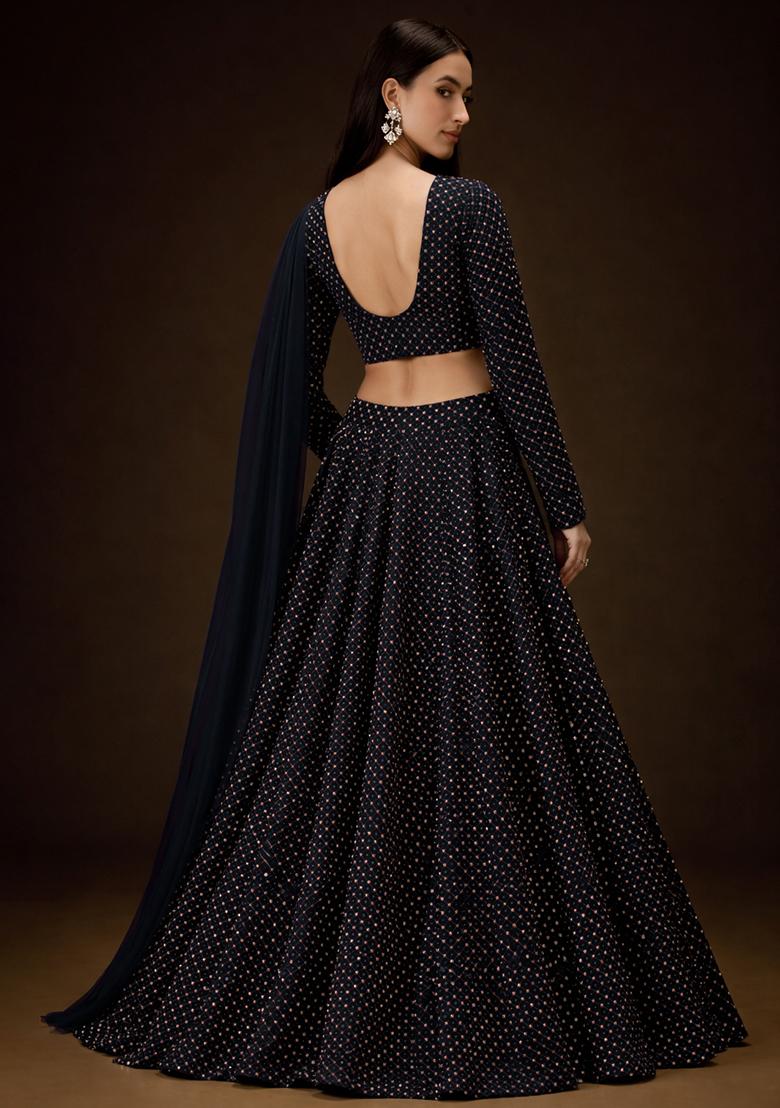 Navy Blue Embroidered Velvet Lehenga Set - Indya