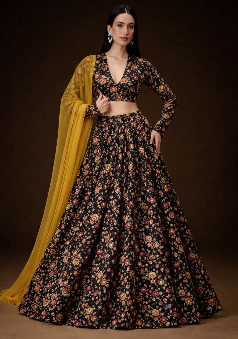 Black Floral Print Velvet Lehenga Set - Indya