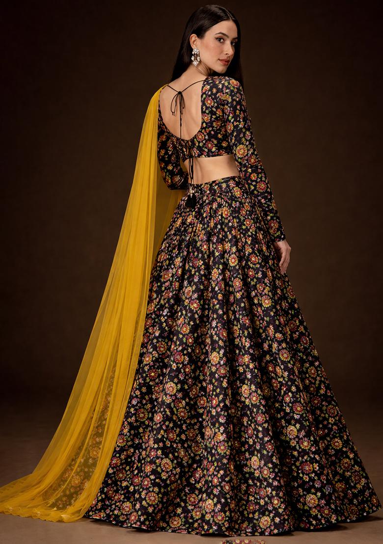 Black Floral Print Velvet Lehenga Set - Indya