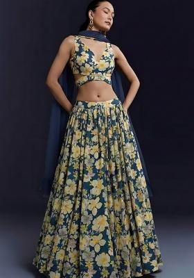 Navy Blue Floral Print Crepe Lehenga Set