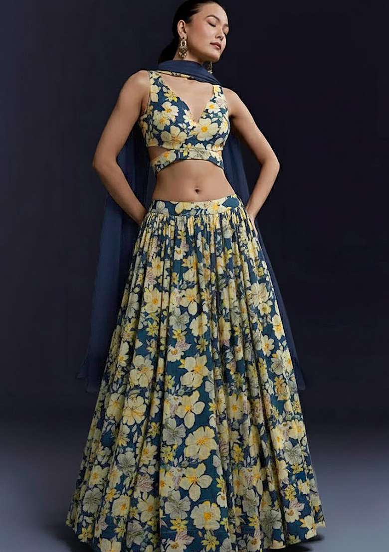 Navy Blue Floral Print Crepe Lehenga Set - Indya