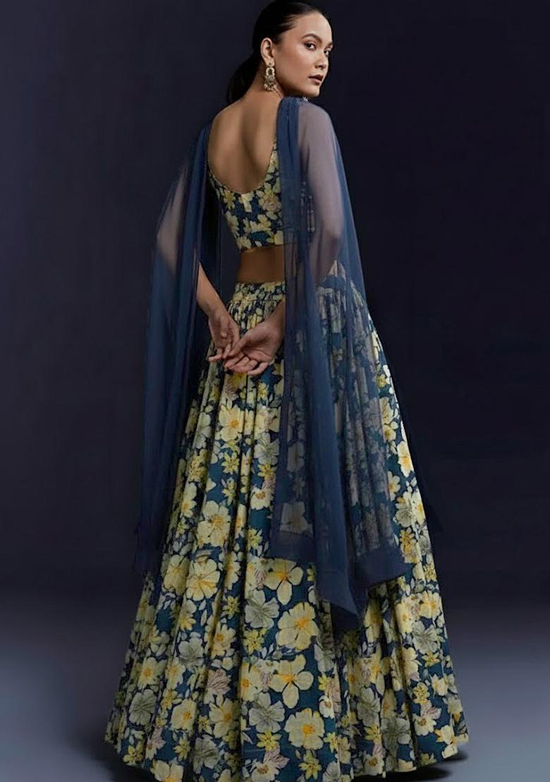 Navy Blue Floral Print Crepe Lehenga Set - Indya