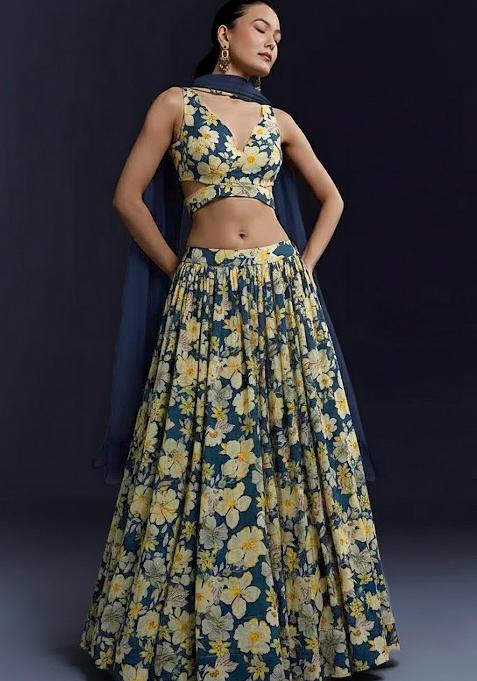 Navy Blue Floral Print Crepe Lehenga Set