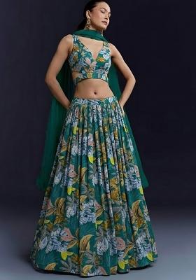 Emerald Green Floral Print Crepe Lehenga Set
