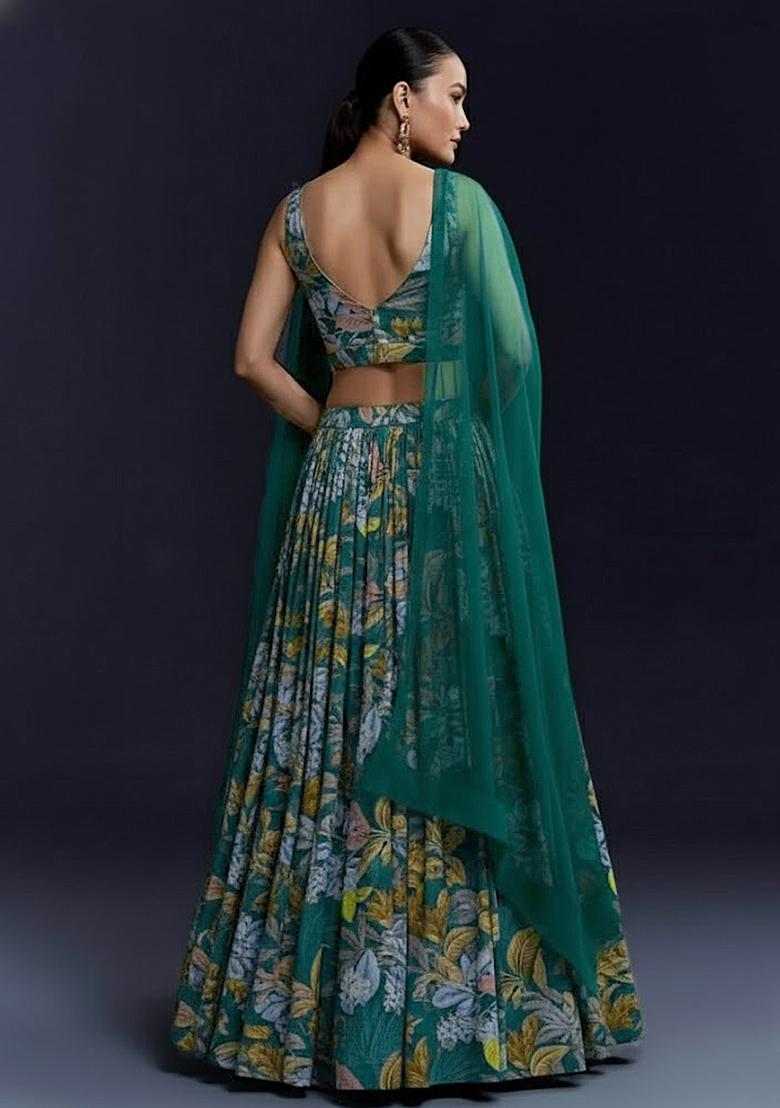 Emerald Green Floral Print Crepe Lehenga Set - Indya