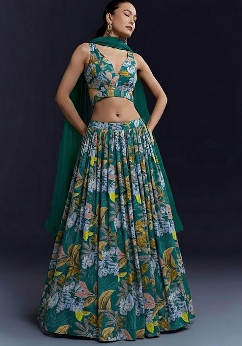Emerald Green Floral Print Crepe Lehenga Set