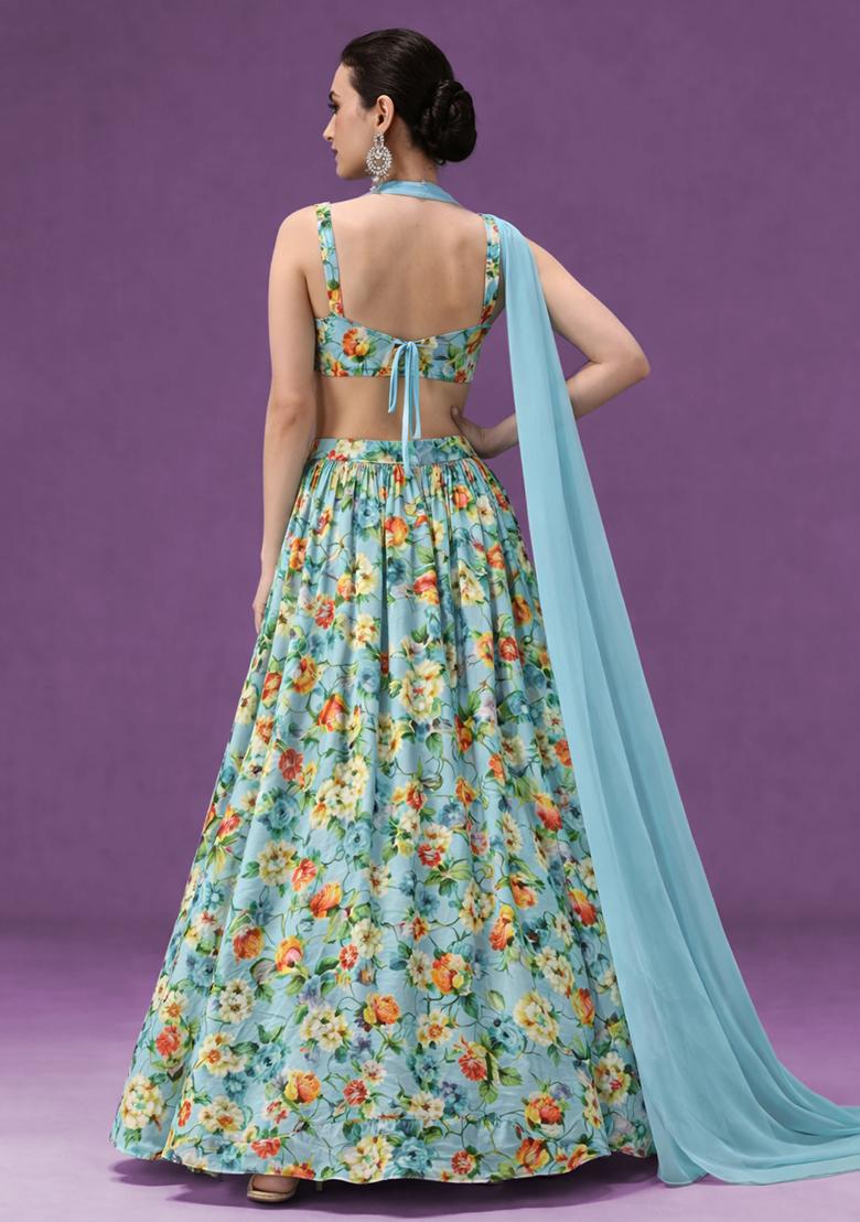 Sky Blue Floral Print Crepe Lehenga Set - Indya