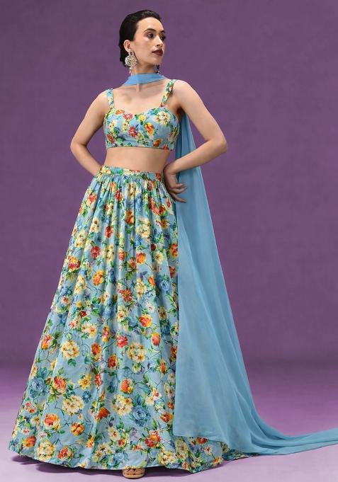 Sky Blue Floral Print Crepe Lehenga Set