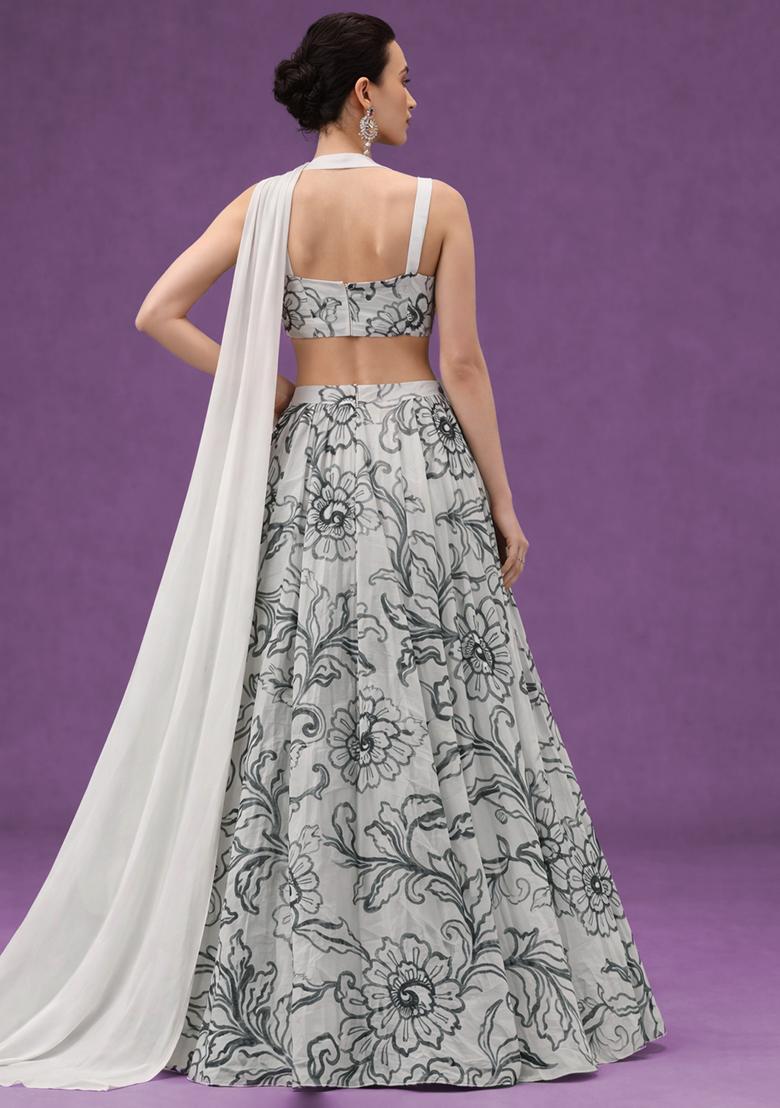 White Floral Print Crepe Lehenga Set - Indya