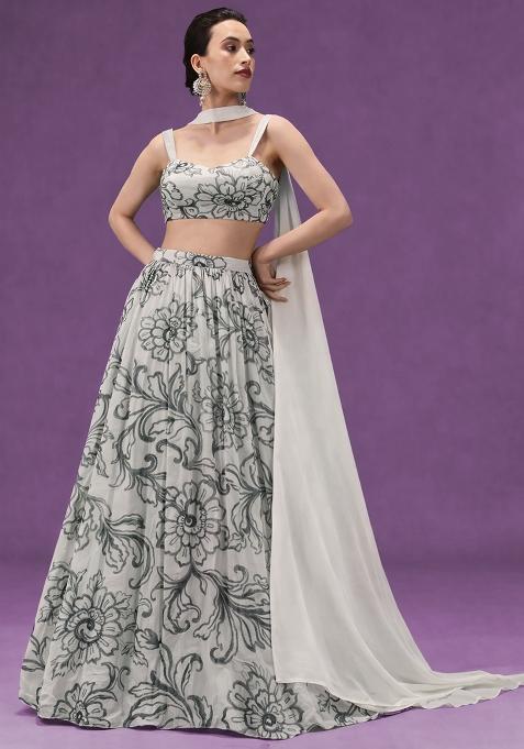 White Floral Print Crepe Lehenga Set