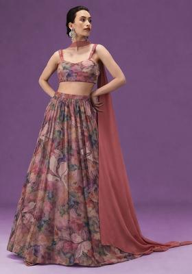 Dusty Pink Floral Print Crepe Lehenga Set