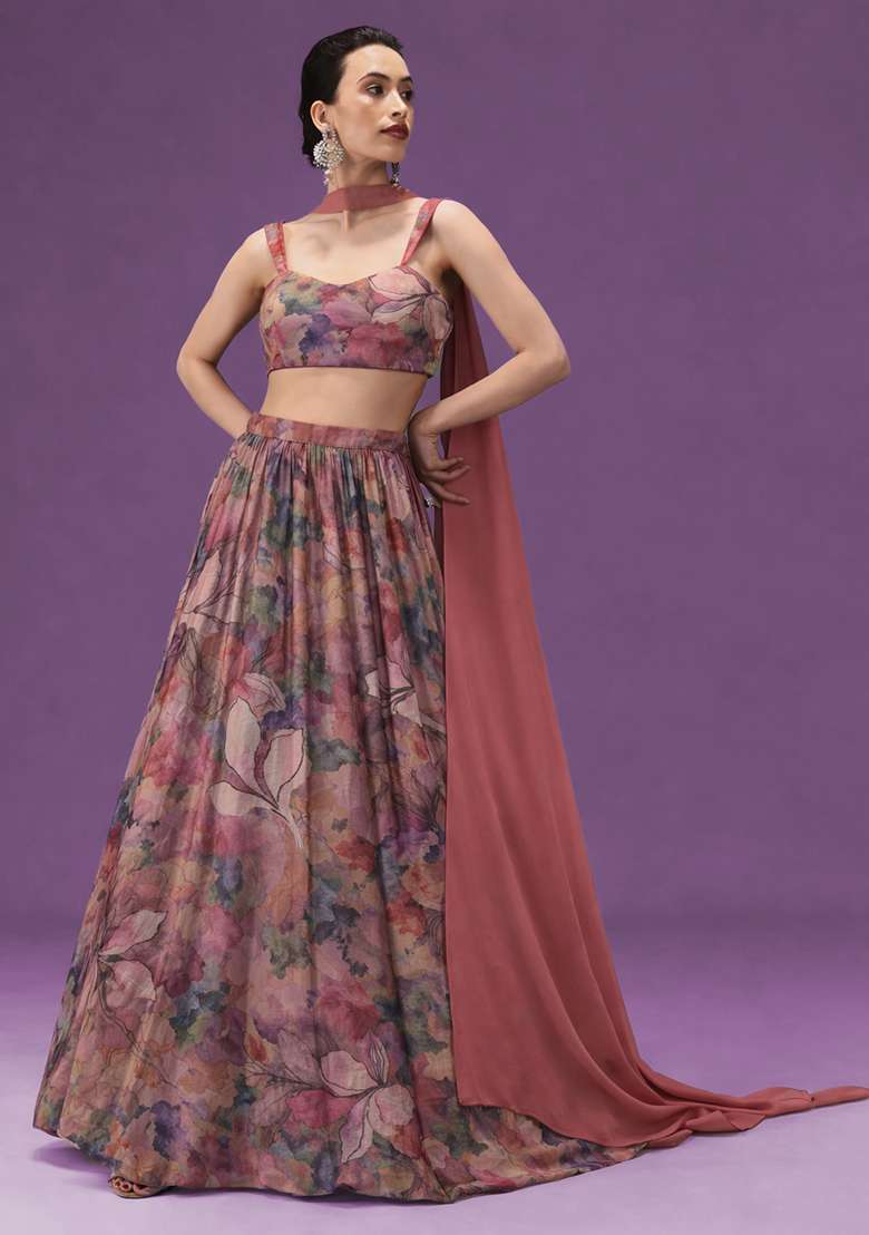 Dusty Pink Floral Print Crepe Lehenga Set - Indya