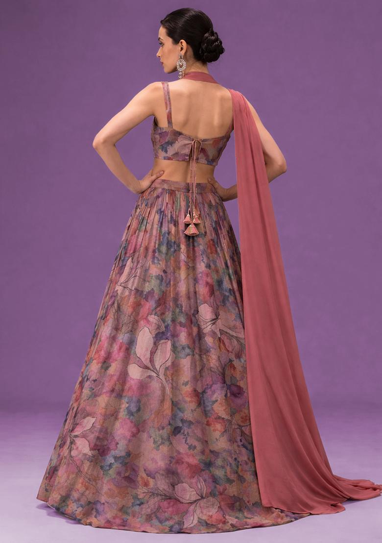 Dusty Pink Floral Print Crepe Lehenga Set - Indya