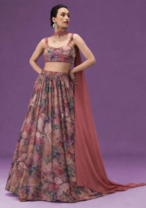 Dusty Pink Floral Print Crepe Lehenga Set