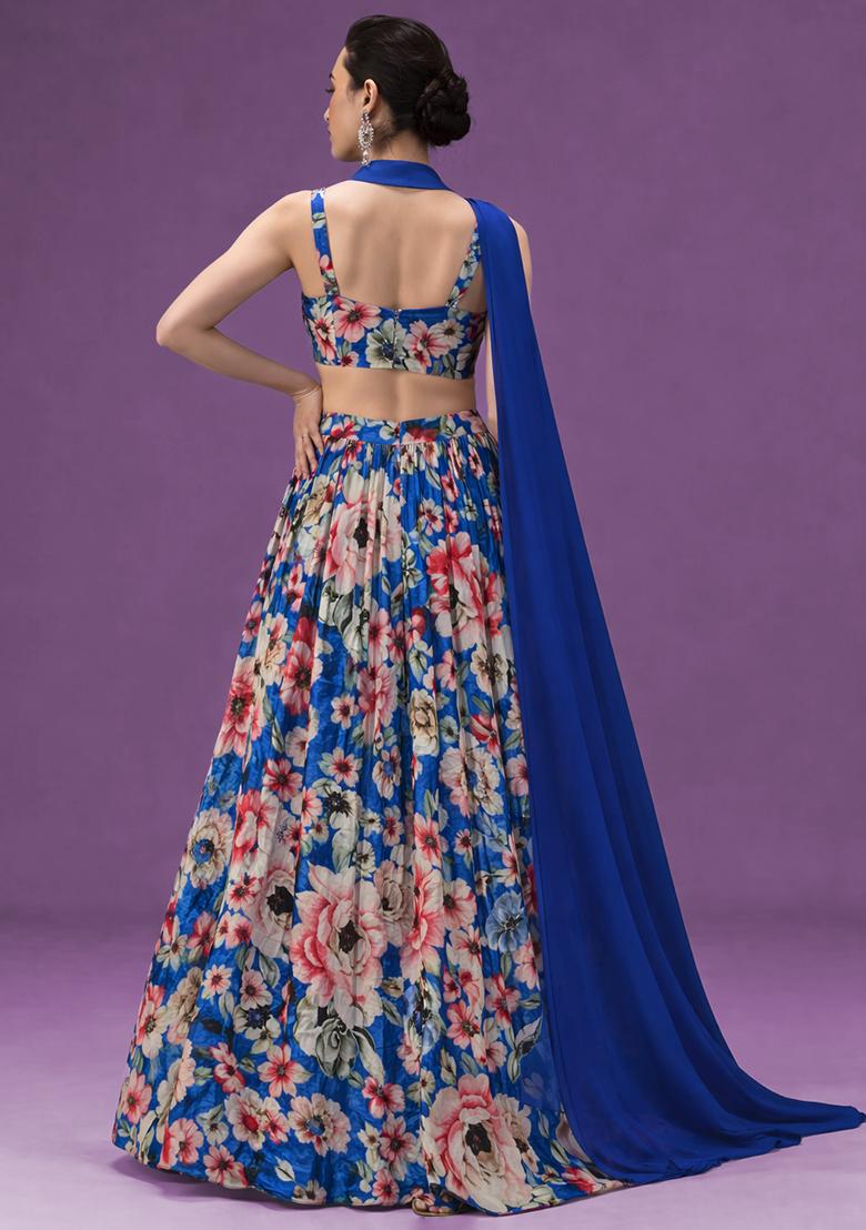 Royal Blue Floral Print Crepe Lehenga Set - Indya