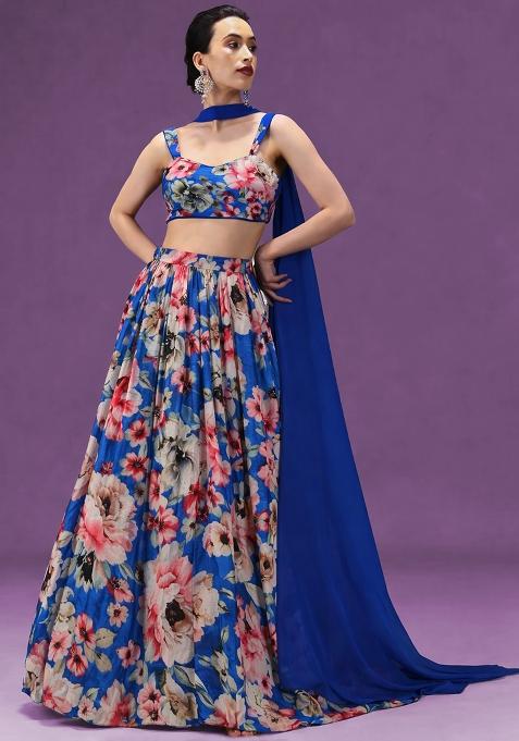 Royal Blue Floral Print Crepe Lehenga Set