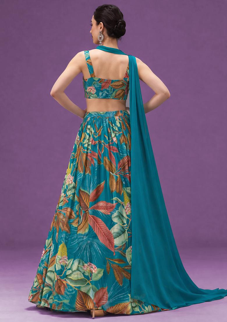 Teal Green Floral Print Crepe Lehenga Set - Indya