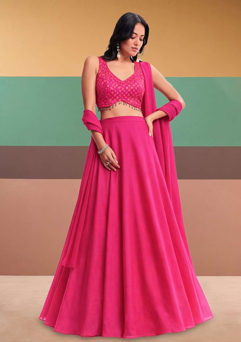 Pink Brocade Lehenga Set for Diwali and Festive Wear - Indya