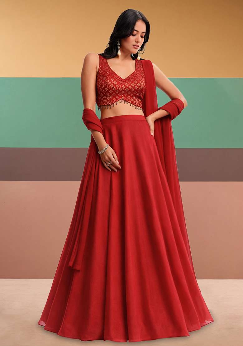 Red Brocade Lehenga Set for Diwali | Wedding & Festive Wear - Indya