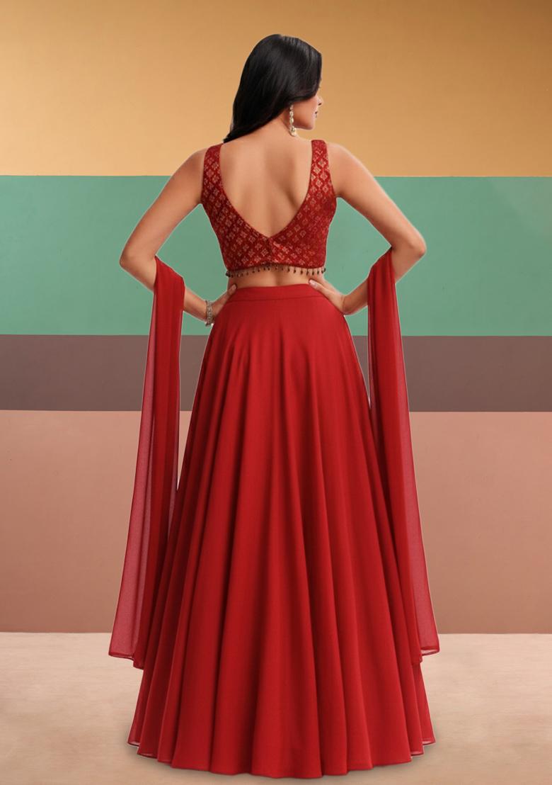 Red Brocade Lehenga Set - Indya