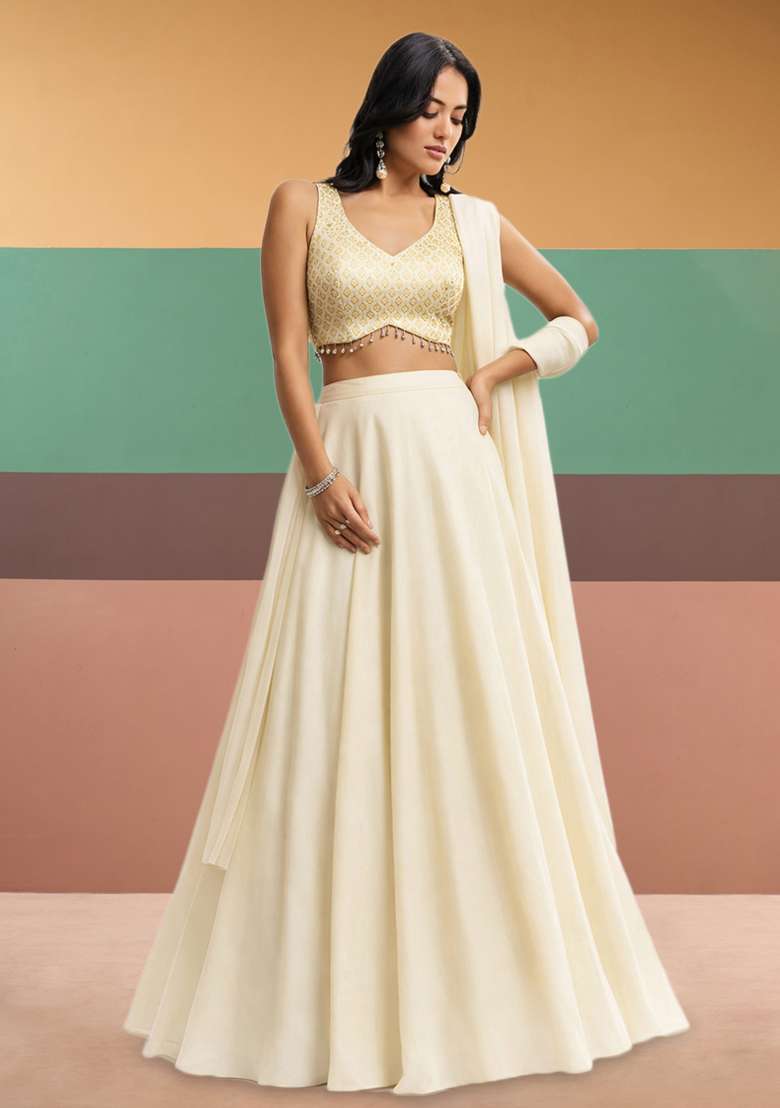 White Brocade Lehenga Set for Diwali and Festive Wear - Indya