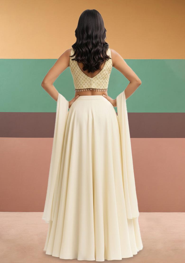 White Brocade Lehenga Set - Indya