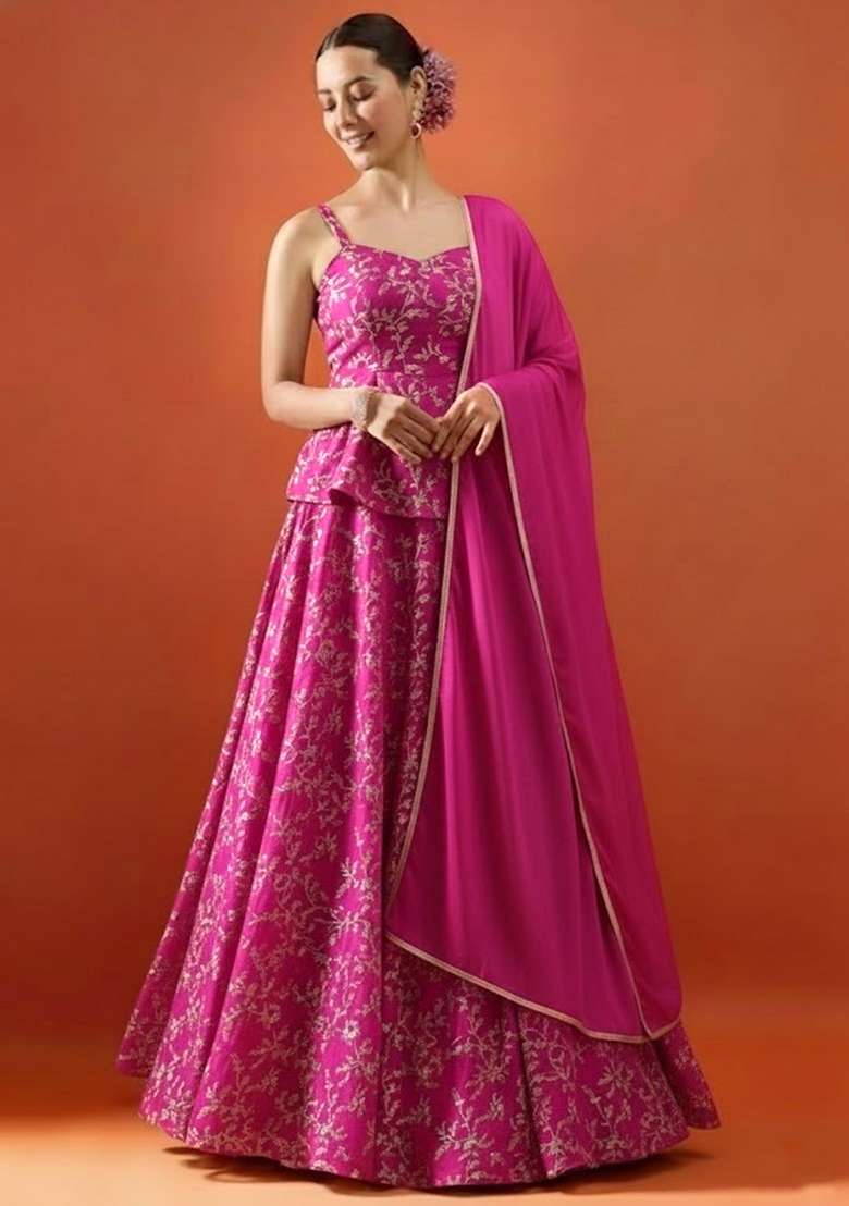 Rani Pink Embroidered Crepe Lehenga Set - Indya