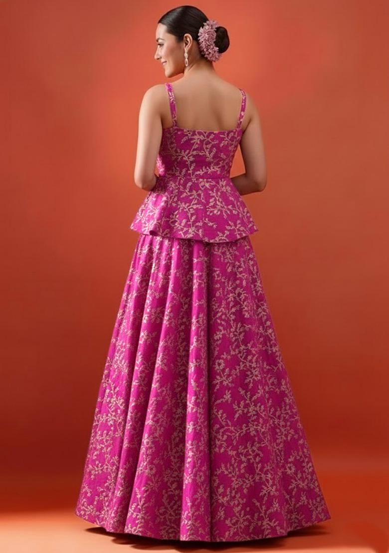 Rani Pink Embroidered Crepe Lehenga Set - Indya