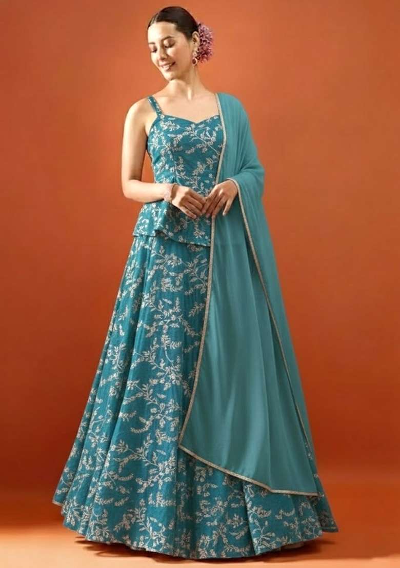 Blue Embroidered Crepe Lehenga Set - Indya
