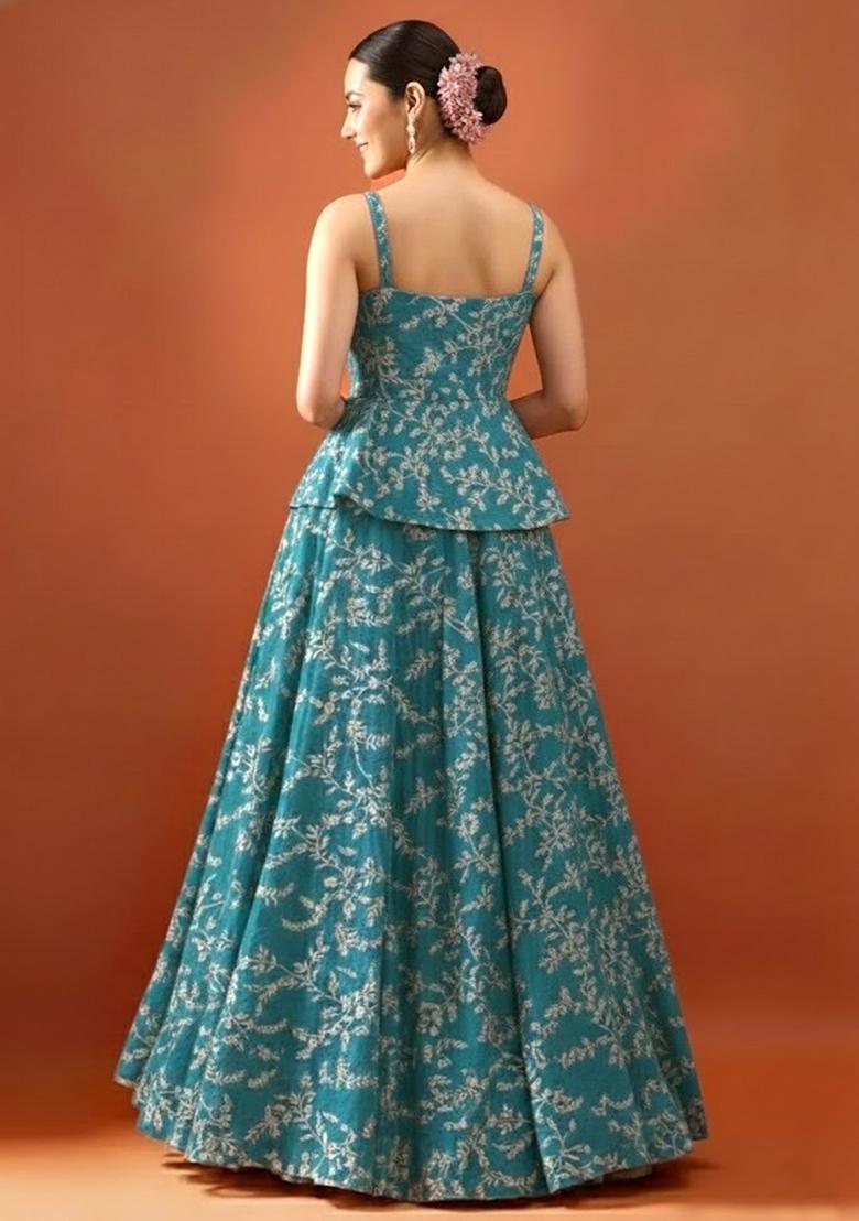 Blue Embroidered Crepe Lehenga Set - Indya