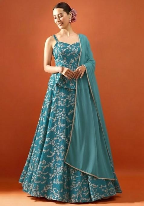Blue Embroidered Crepe Lehenga Set