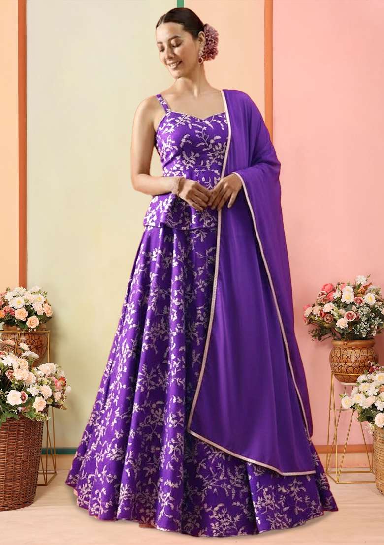 Purple Embroidered Crepe Lehenga Set - Indya