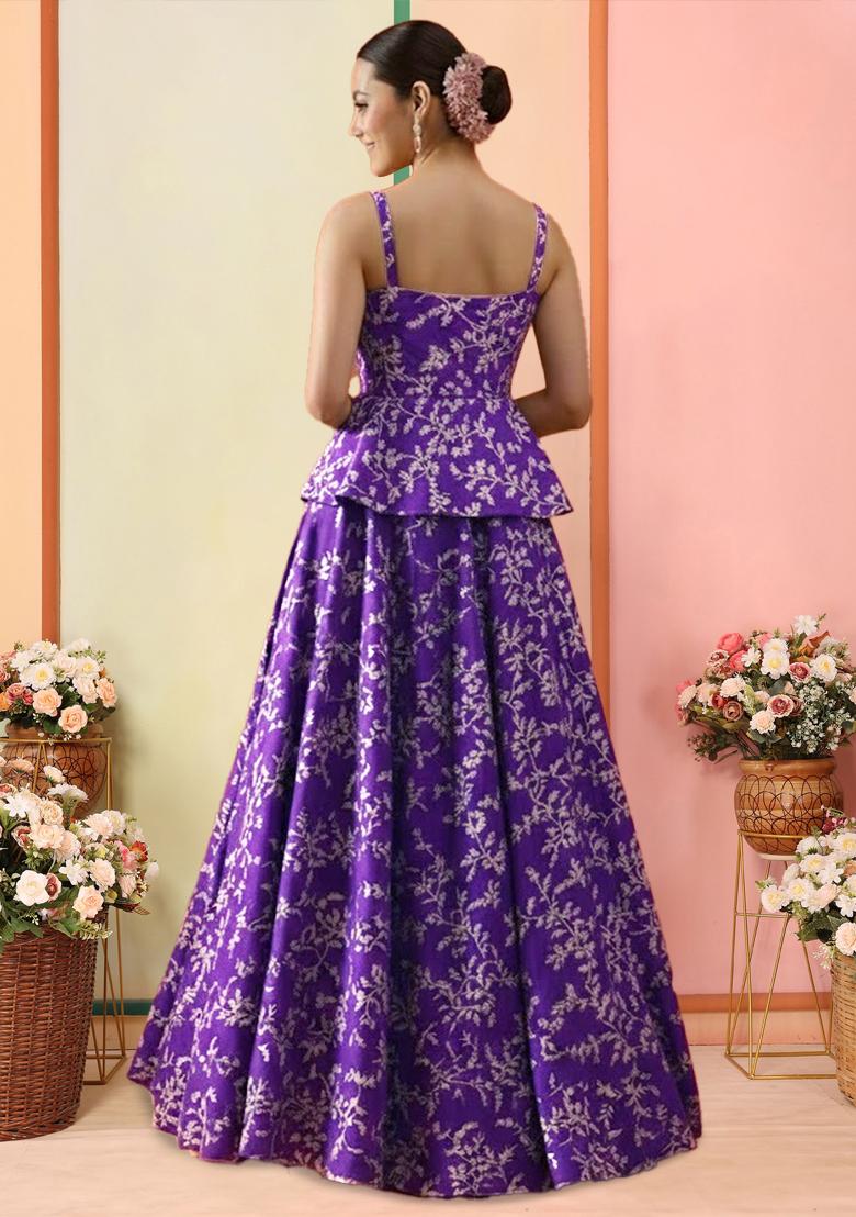 Purple Embroidered Crepe Lehenga Set - Indya
