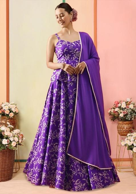Purple Embroidered Crepe Lehenga Set