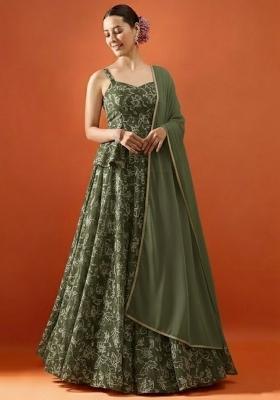 Olive Green Embroidered Net Lehenga Set