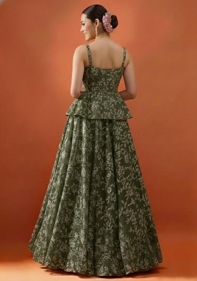 Olive Green Embroidered Net Lehenga Set - Indya