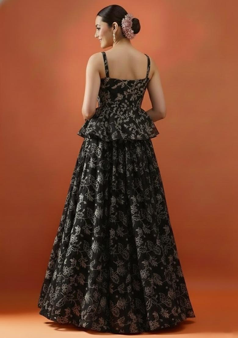 Black Embroidered Net Lehenga Set - Indya