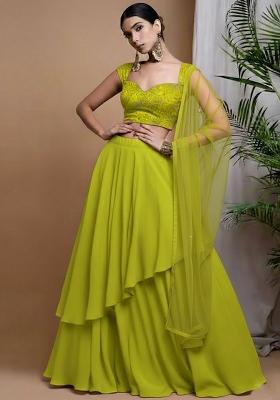 Lime Green Embroidered Chinon Lehenga Set