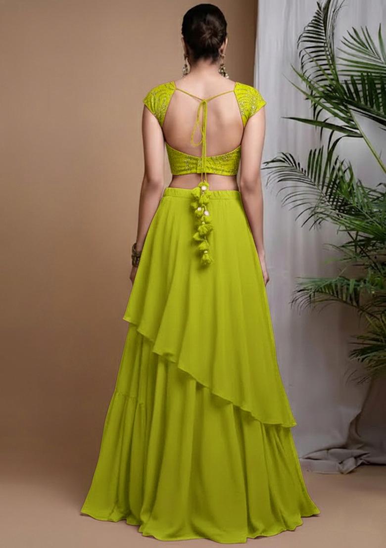 Lime Green Embroidered Chinon Lehenga Set - Indya